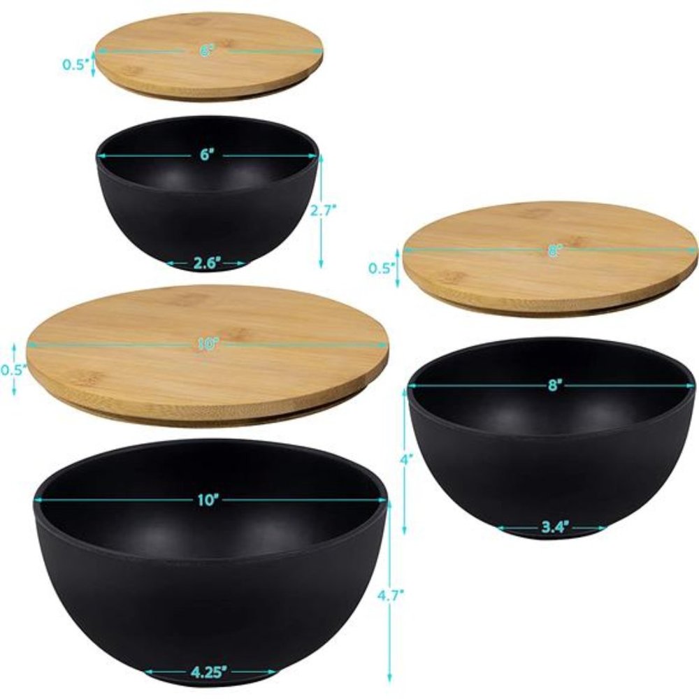 Salad Bowl with Lid - Large Salad Bowl Set of 3 with Wooden Lids, Bamboo Fibre - Picture 3 of 7